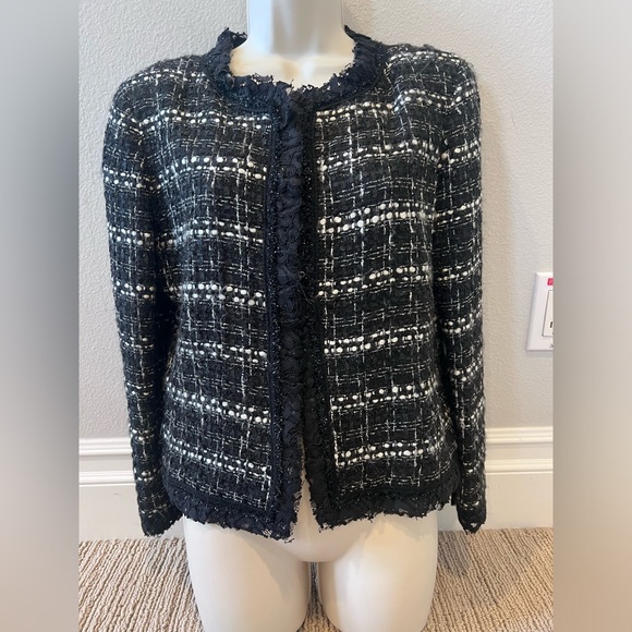 Carolina Herrera Collarlesss Metallic Check Tweed Crop Jacket - Picture 3 of 16